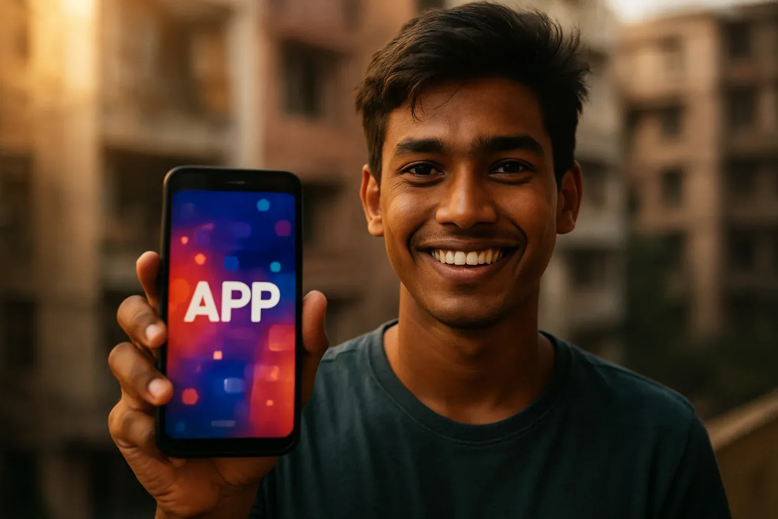 Young Bangladeshi man smiling while showing colorful mobile gaming app screen