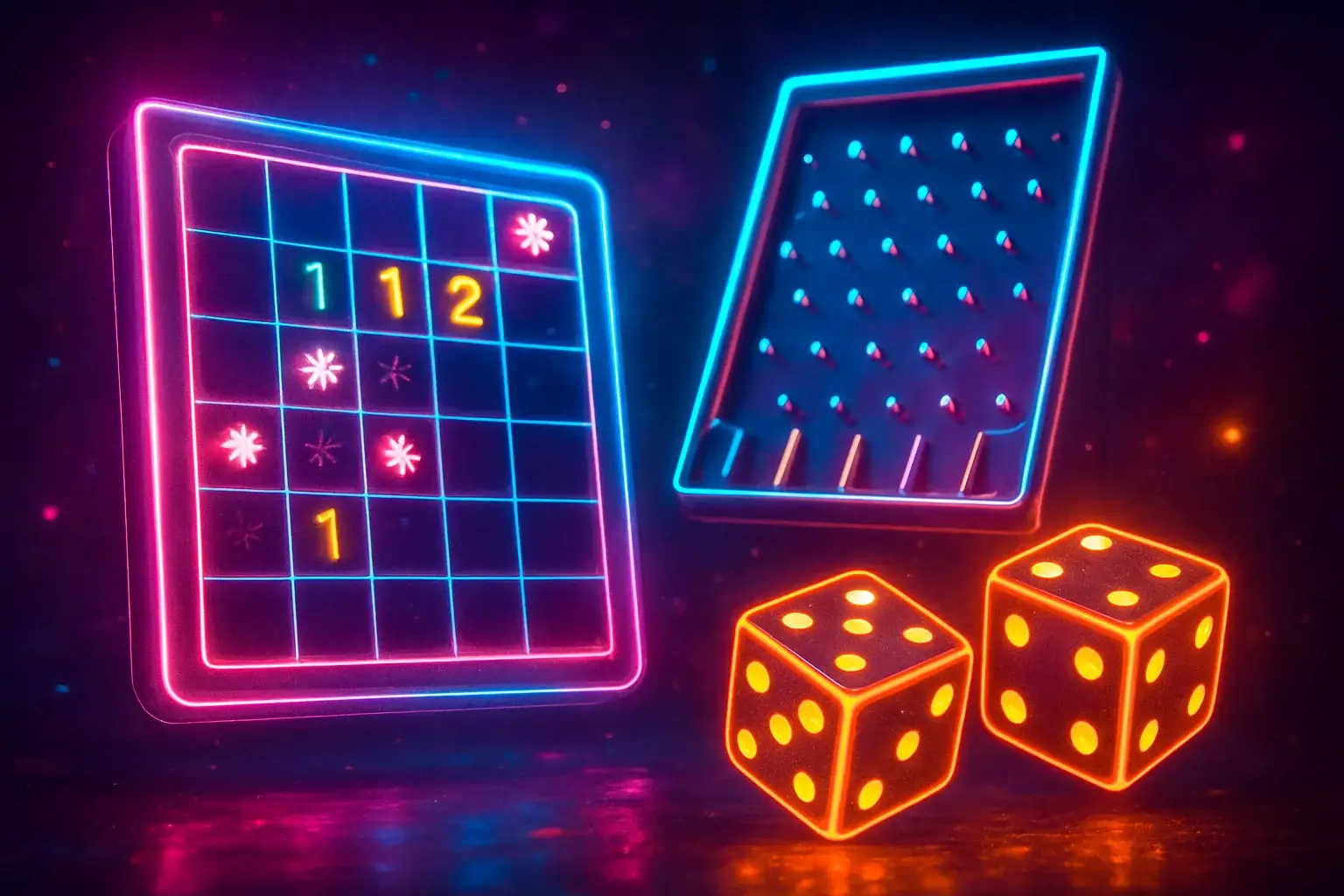 Colorful neon arcade game icons with mines grid, plinko pegs and dice