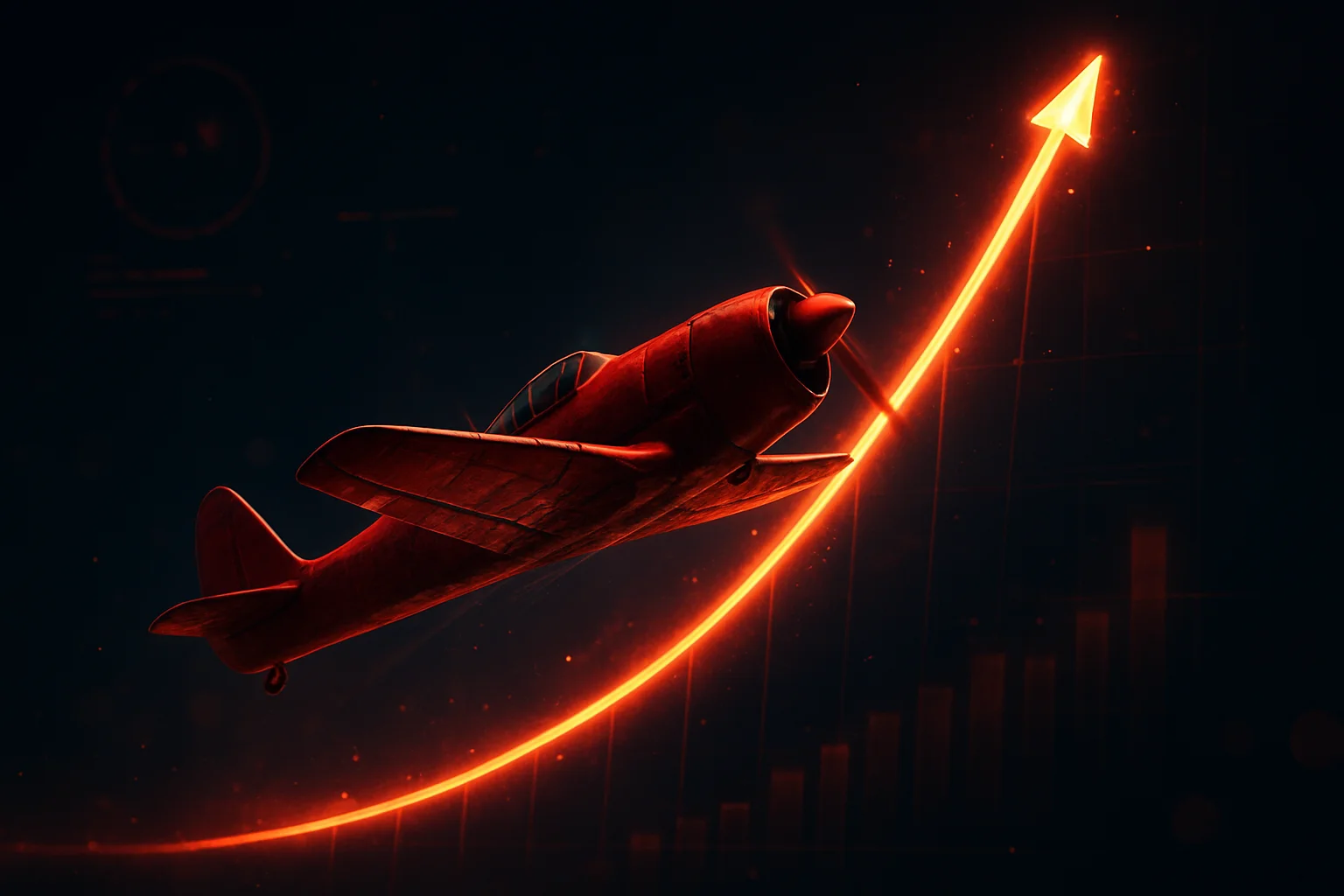 Red aviator plane soaring upward with glowing multiplier trail at night