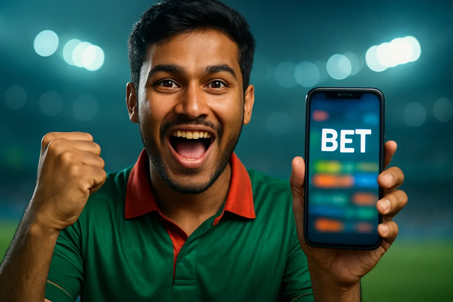 Excited Bangladeshi man holding smartphone with sports betting screen and BET text