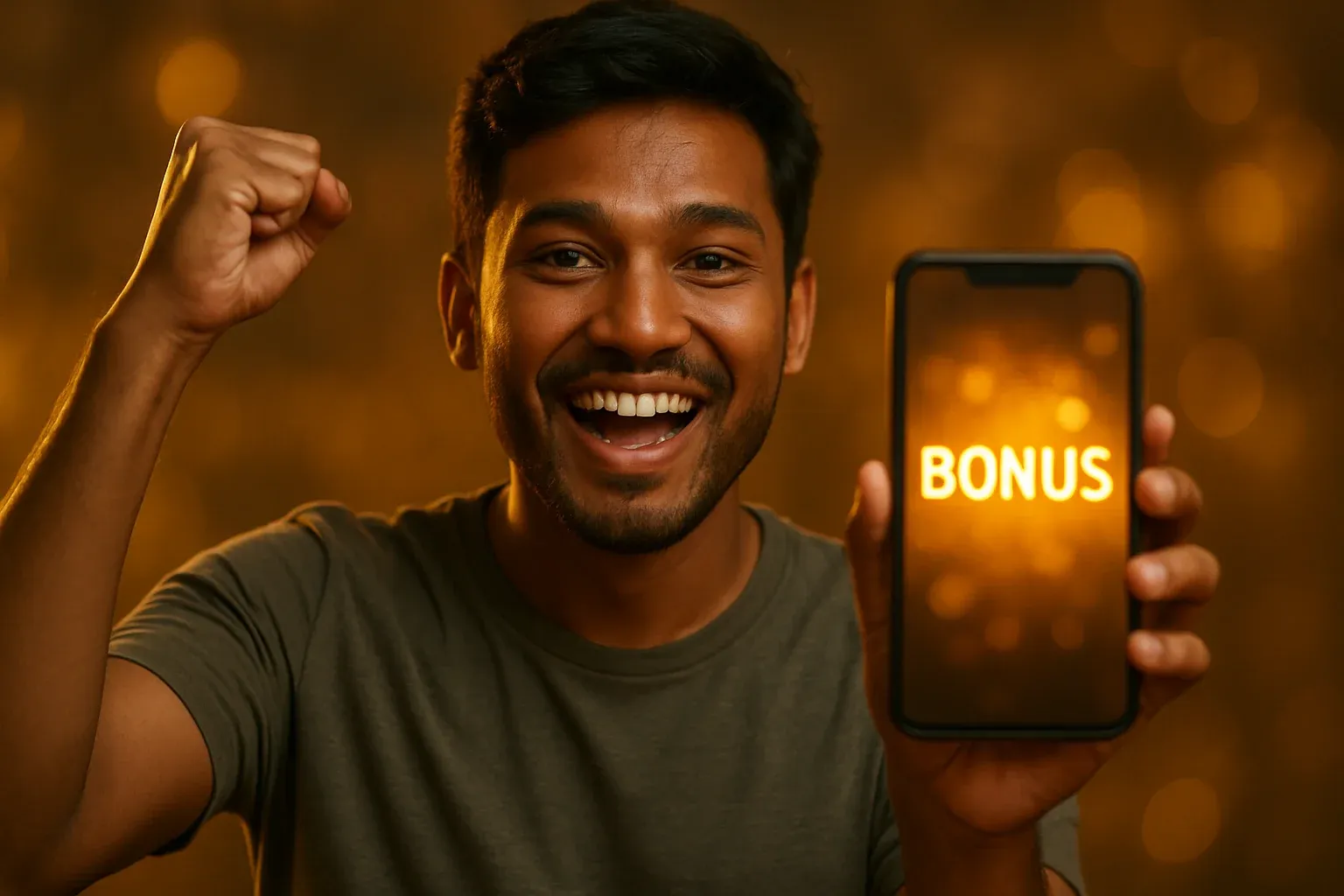 Joyful young Bangladesh man holding smartphone with glowing bonus screen
