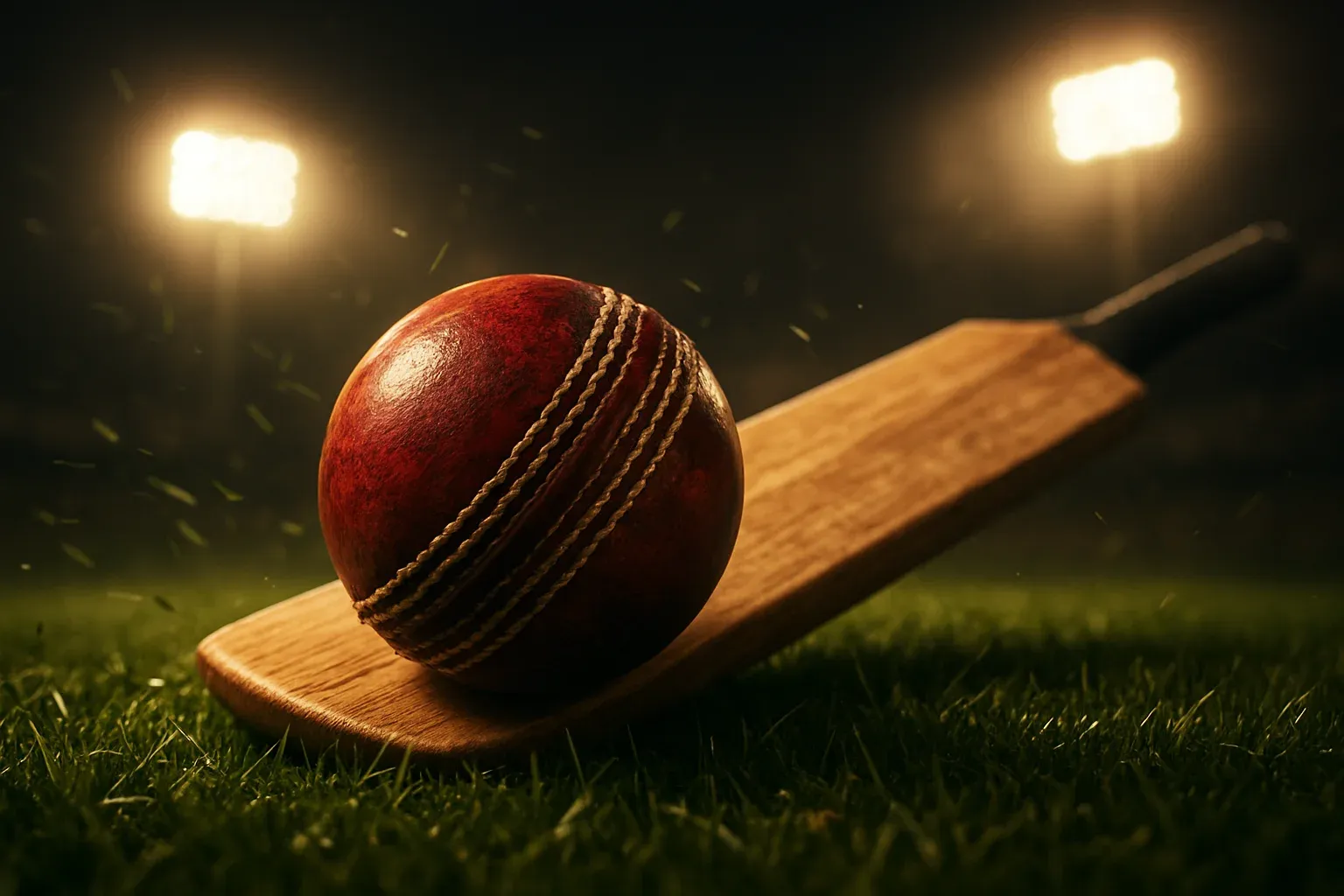 Cricket ball and bat on green turf under stadium floodlights