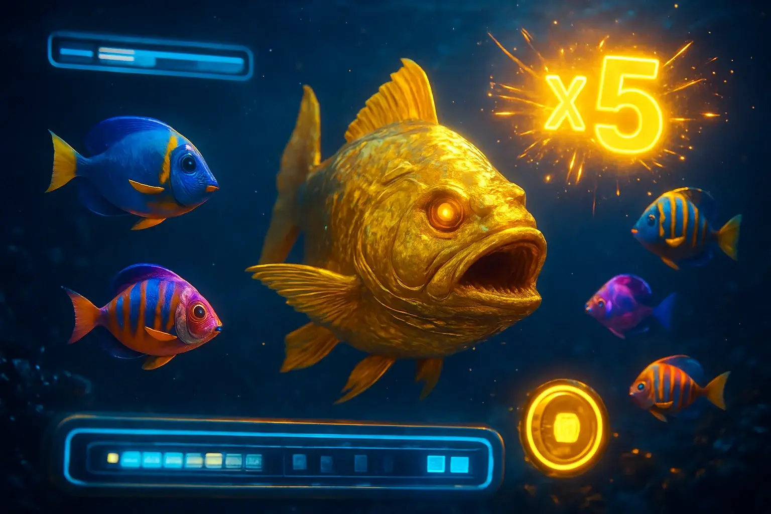 Glowing tropical fish and golden boss fish with multiplier light bursts