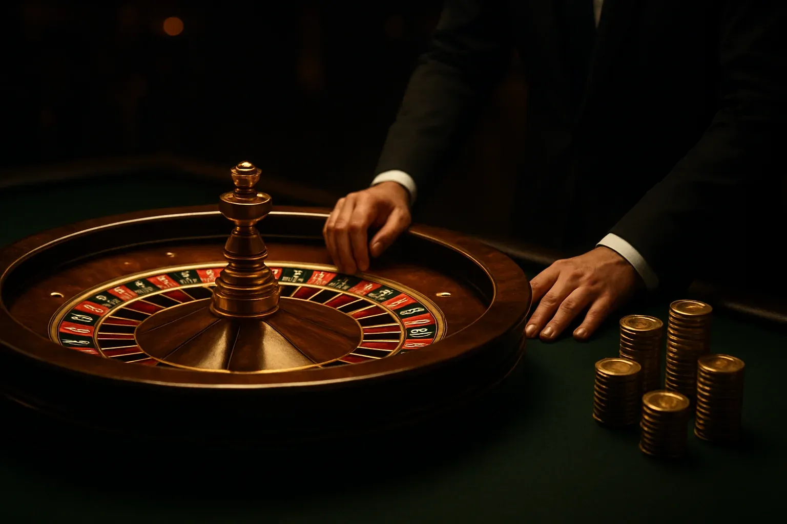 Elegant live casino roulette table with dealer hands and golden chips