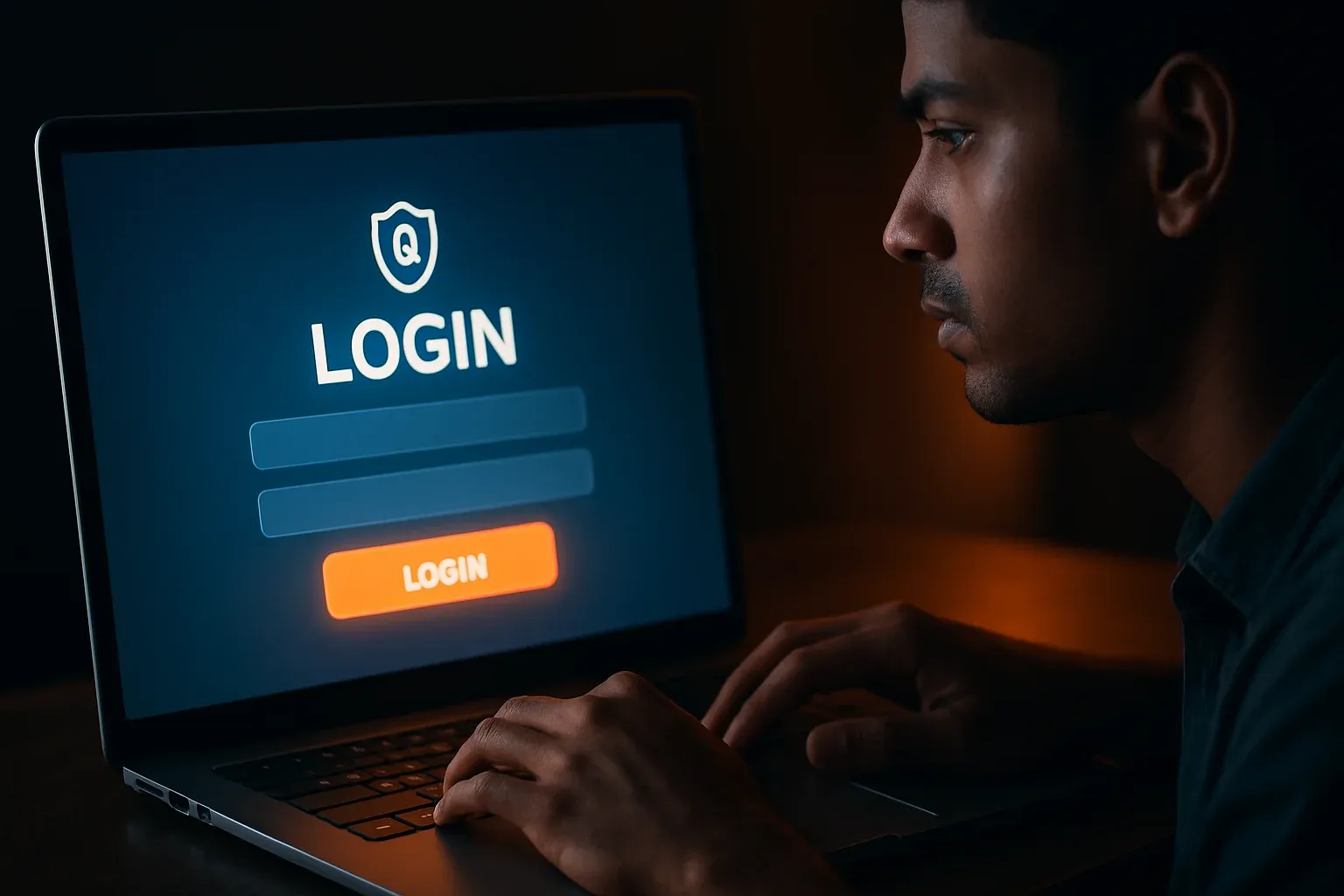 Young Bangladeshi man's hands on laptop showing glowing login screen