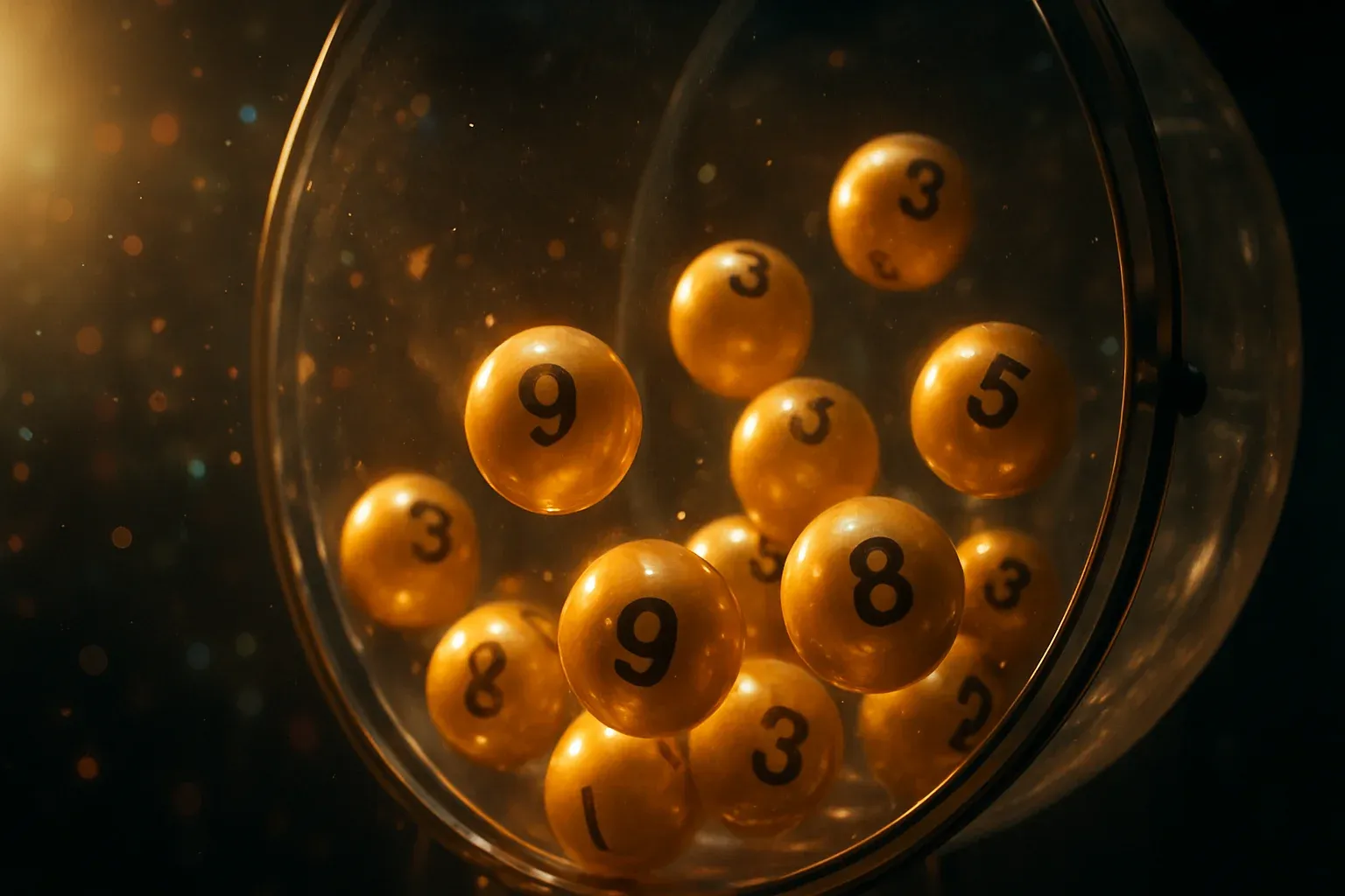 Glowing golden lottery balls tumbling inside transparent draw machine