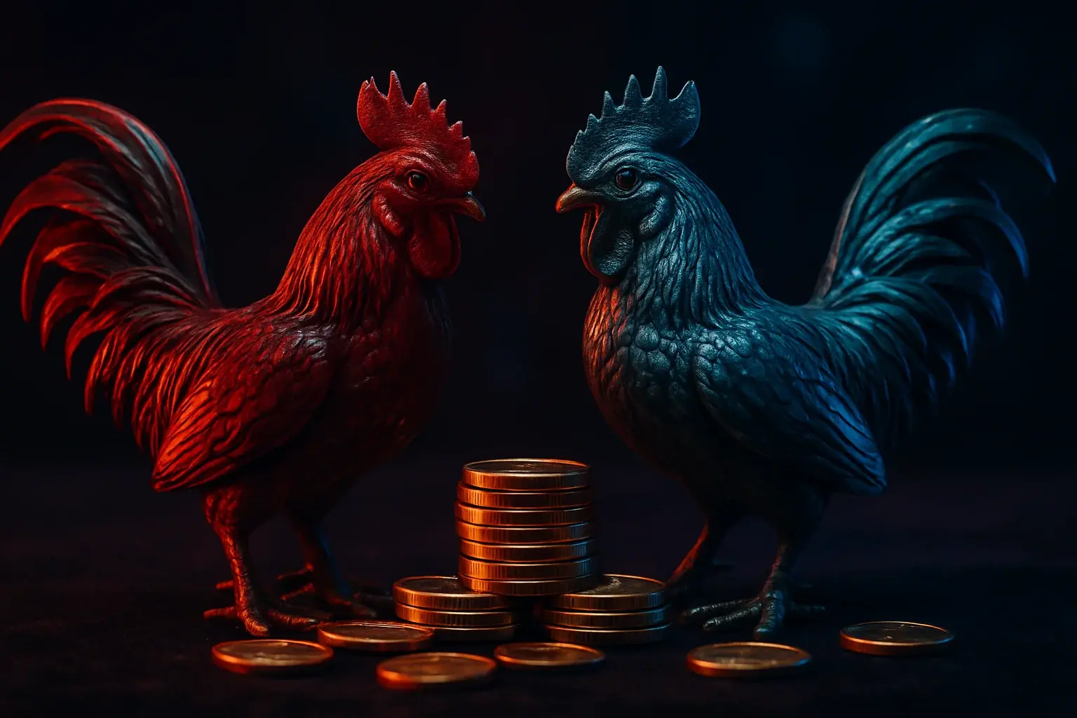 Decorative rooster statuettes with casino chips on dark velvet surface